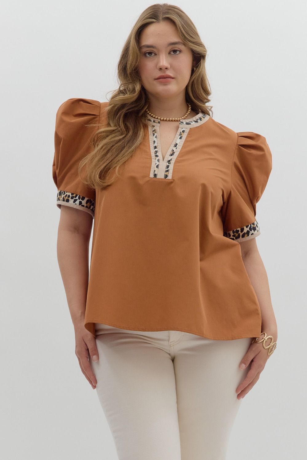 PLUS NALA - Camel animal print pipping detail top