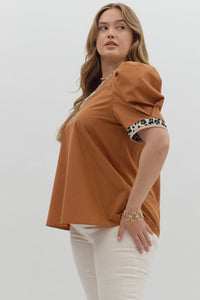 PLUS NALA - Camel animal print pipping detail top