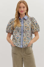 Load image into Gallery viewer, Garden Trellis- Blue Vintage charm print button down top
