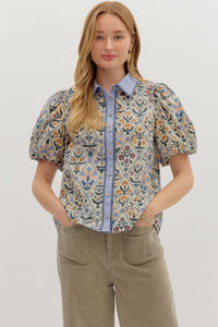 Garden Trellis- Blue Vintage charm print button down top