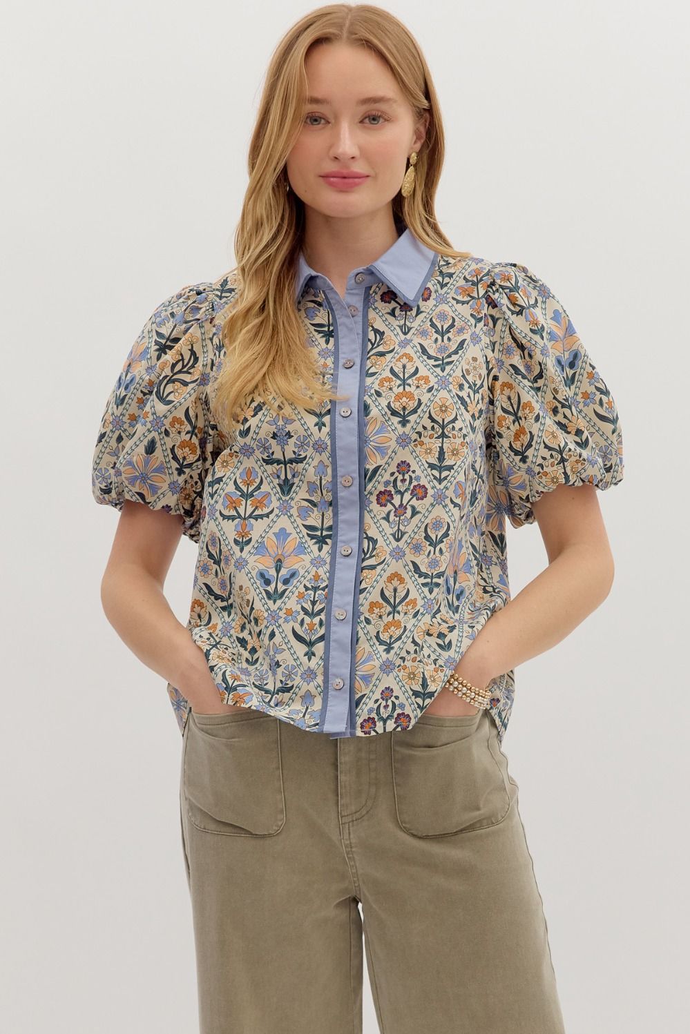 Garden Trellis- Blue Vintage charm print button down top