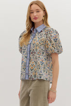 Load image into Gallery viewer, Garden Trellis- Blue Vintage charm print button down top
