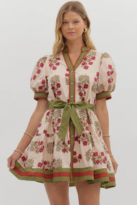 Floral Elegance- Floral pattern contrast hem button down dress