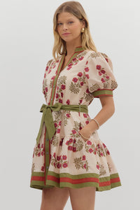 Floral Elegance- Floral pattern contrast hem button down dress