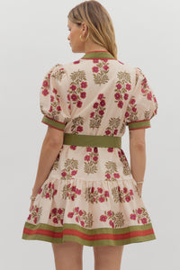 Floral Elegance- Floral pattern contrast hem button down dress
