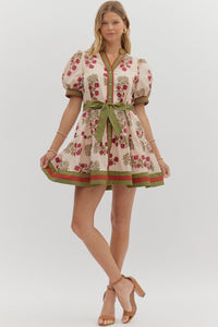 Floral Elegance- Floral pattern contrast hem button down dress