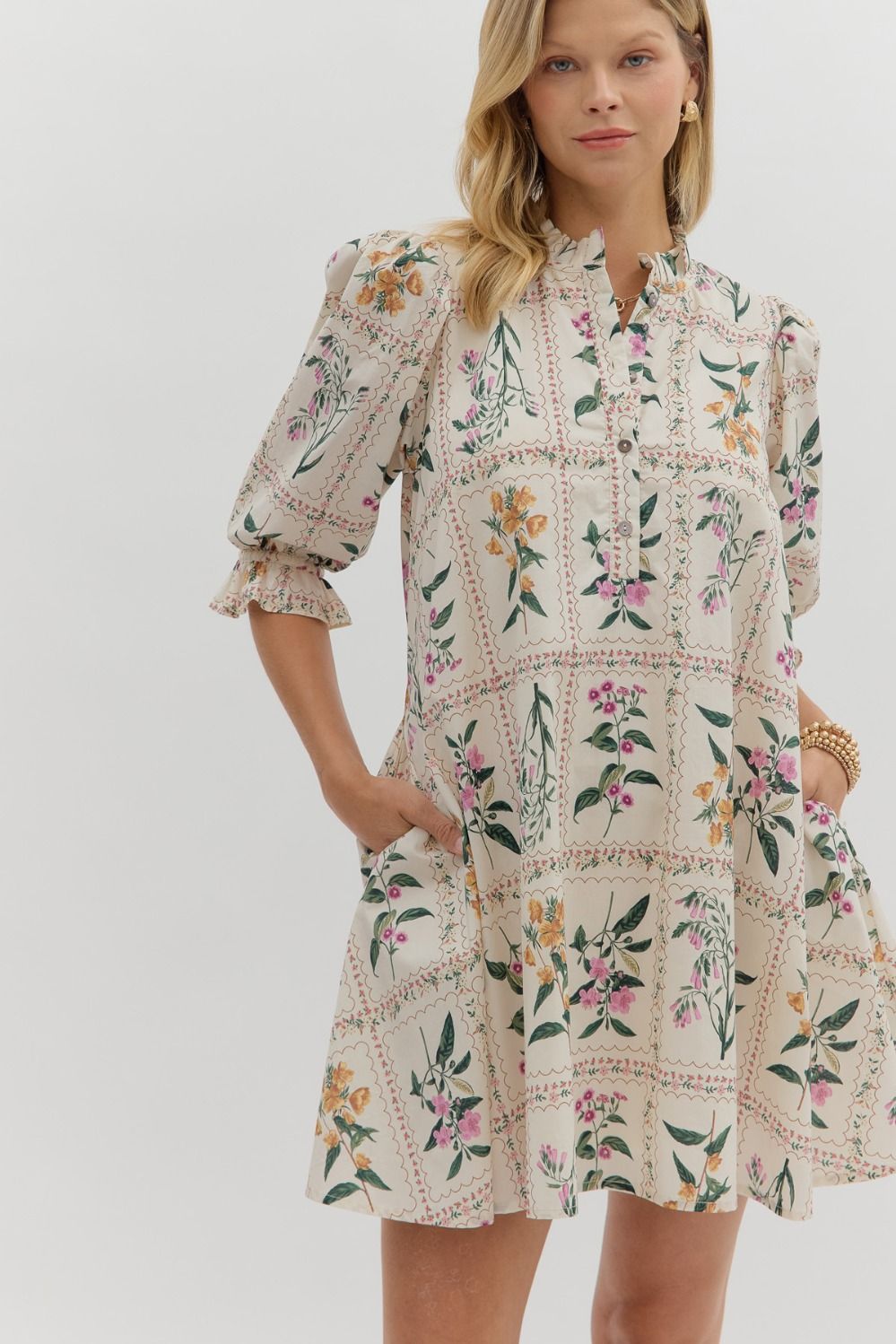 Florence- Ecru Floral panel elegant adjustable width dress
