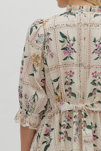 Florence- Ecru Floral panel elegant adjustable width dress
