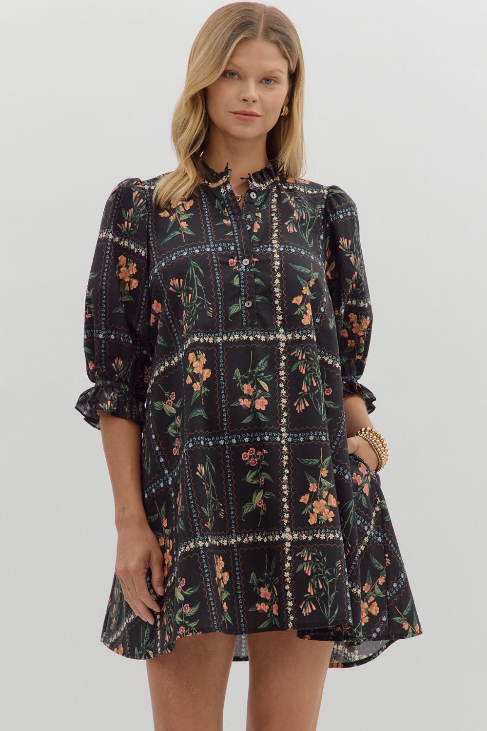 Florence- Black Floral panel elegant adjustable width dress