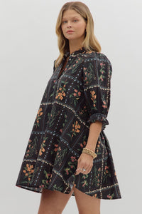 Florence- Black Floral panel elegant adjustable width dress