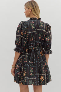 Florence- Black Floral panel elegant adjustable width dress