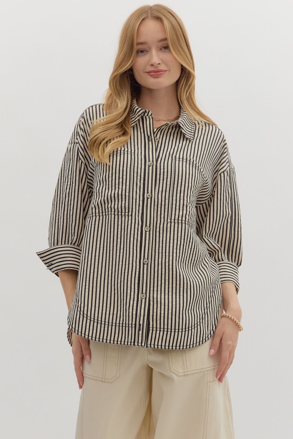 Oxford- Black striped textured button up top