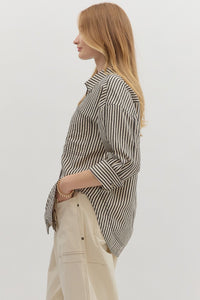 Oxford- Black striped textured button up top