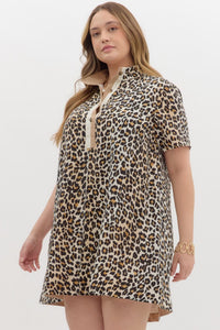 Plus Leo- Leopard print contrast high collar dress