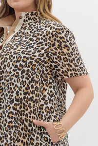 Plus Leo- Leopard print contrast high collar dress