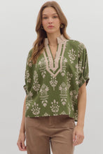 Load image into Gallery viewer, Daria- Olive Abstract botanical print short dolman sleeve top

