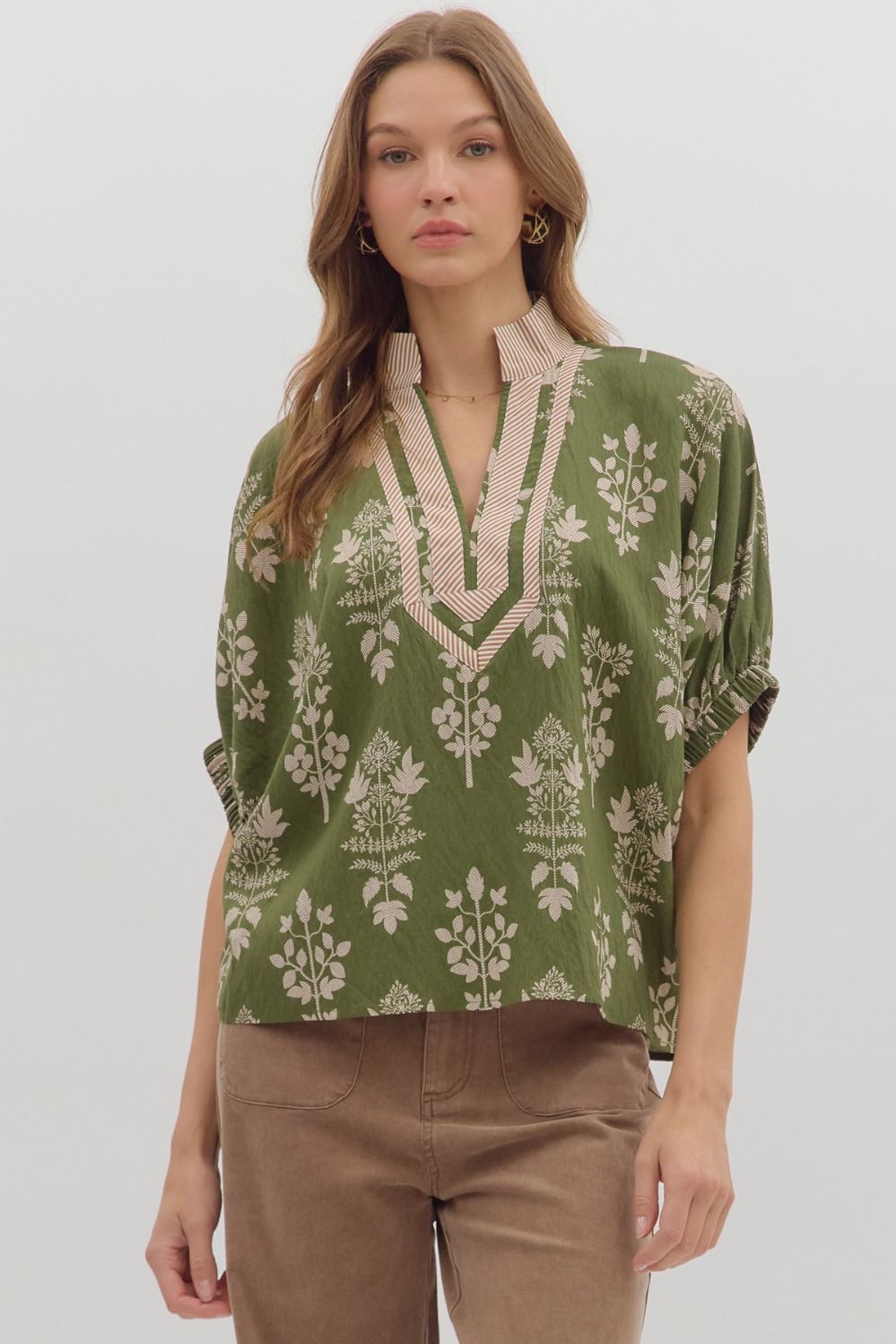Daria- Olive Abstract botanical print short dolman sleeve top
