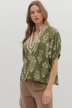 Load image into Gallery viewer, Daria- Olive Abstract botanical print short dolman sleeve top
