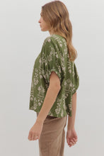Load image into Gallery viewer, Daria- Olive Abstract botanical print short dolman sleeve top
