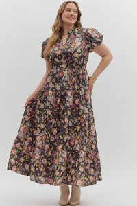 Plus Olivia- Chocolate Floral Print Puff sleeve maxi dress