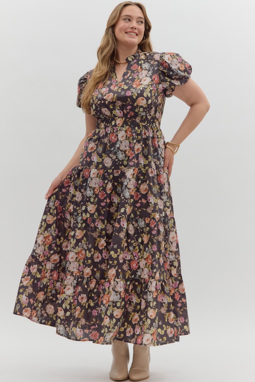 Plus Olivia- Chocolate Floral Print Puff sleeve maxi dress