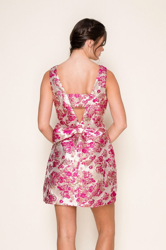 ELLI- Pink/Gold jacquard back bow mini dress