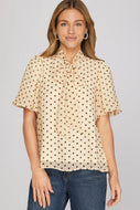 Polka dot cream/brown tie neckline woven top
