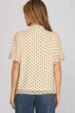 Load image into Gallery viewer, Plus Polka dot cream/brown tie neckline woven top
