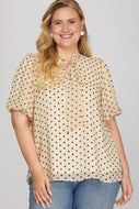 Plus Polka dot cream/brown tie neckline woven top