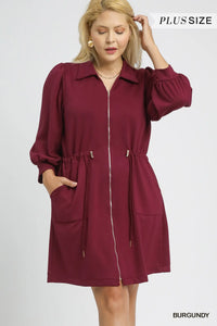 Plus TONYA- Burgundy Luxeknit Zip-Up Mini Dress with Drawstring Waist