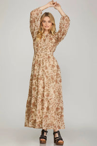 Plus Natalie- Long Sleeve Cream woven Floral Print Maxi dress