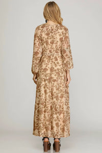 Plus Natalie- Long Sleeve Cream woven Floral Print Maxi dress