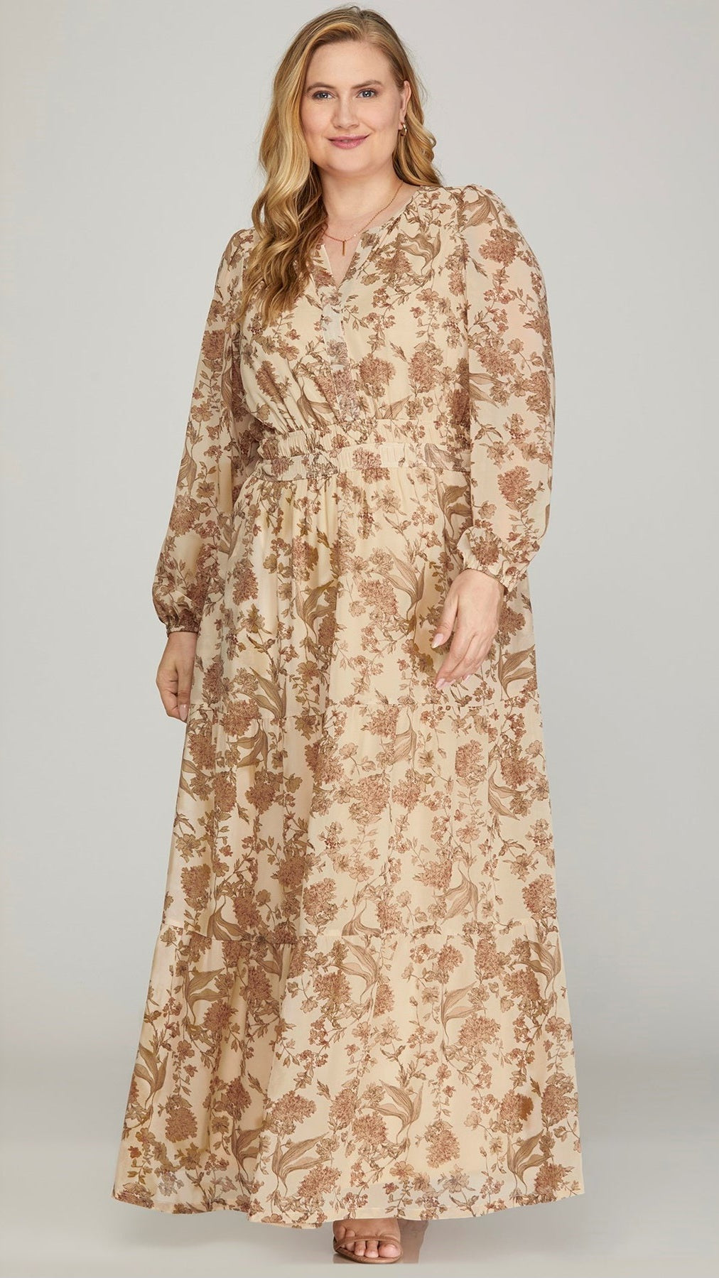Plus Natalie- Long Sleeve Cream woven Floral Print Maxi dress