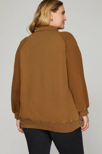 Plus Mariah- Caramel LONG SLEEVE SNAP COLLARED FRENCH TERRY WASHED SWEATSHIRT