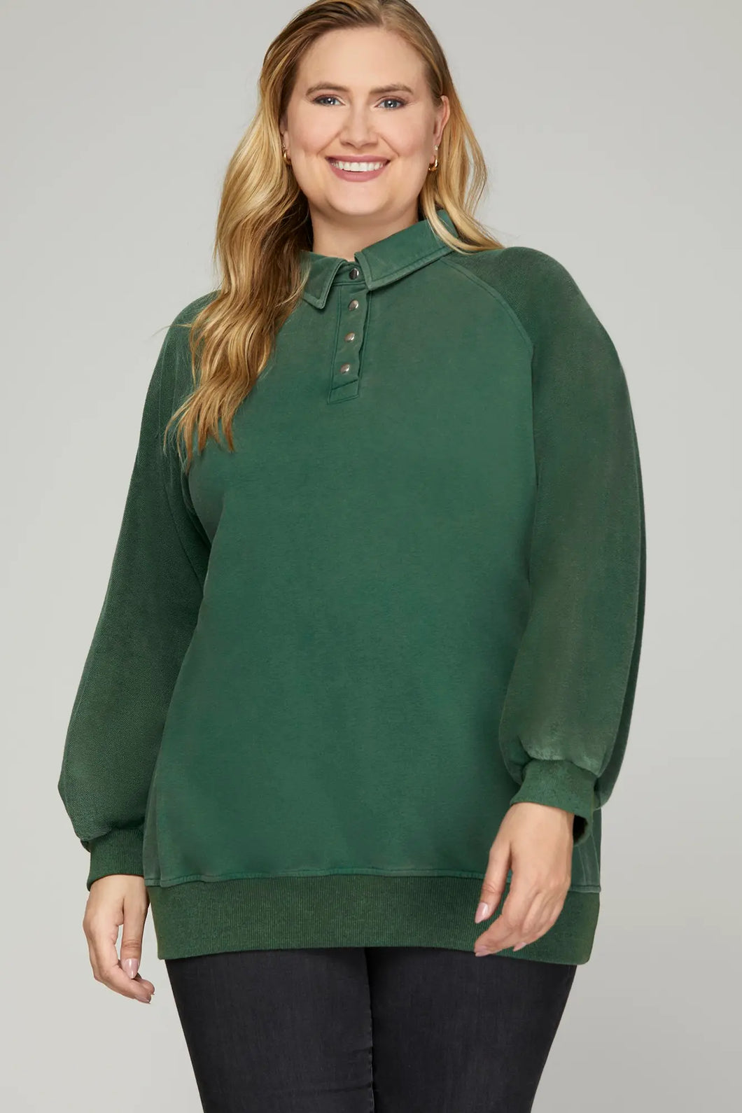 Plus Mariah- Forest Green LONG SLEEVE SNAP COLLARED FRENCH TERRY WASHED SWEATSHIRT