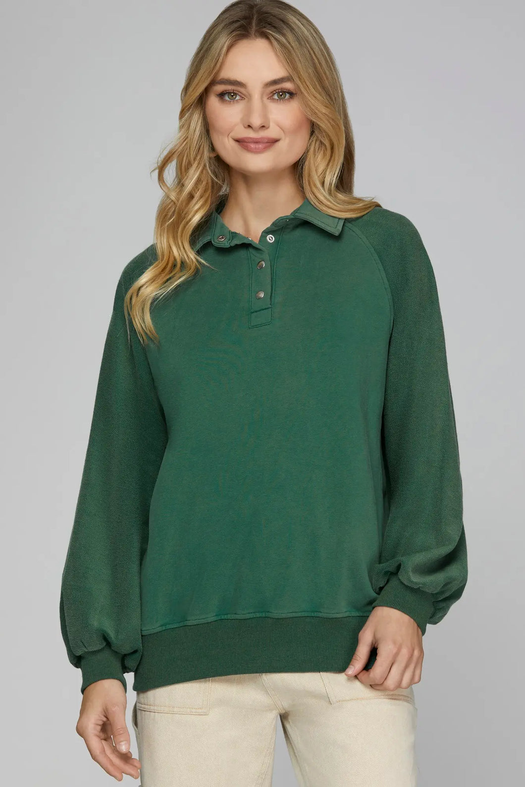 Mariah- Forest Green LONG SLEEVE SNAP COLLARED FRENCH TERRY WASHED SWEATSHIRT