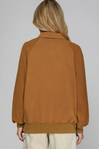 Mariah- Caramel LONG SLEEVE SNAP COLLARED FRENCH TERRY WASHED SWEATSHIRT