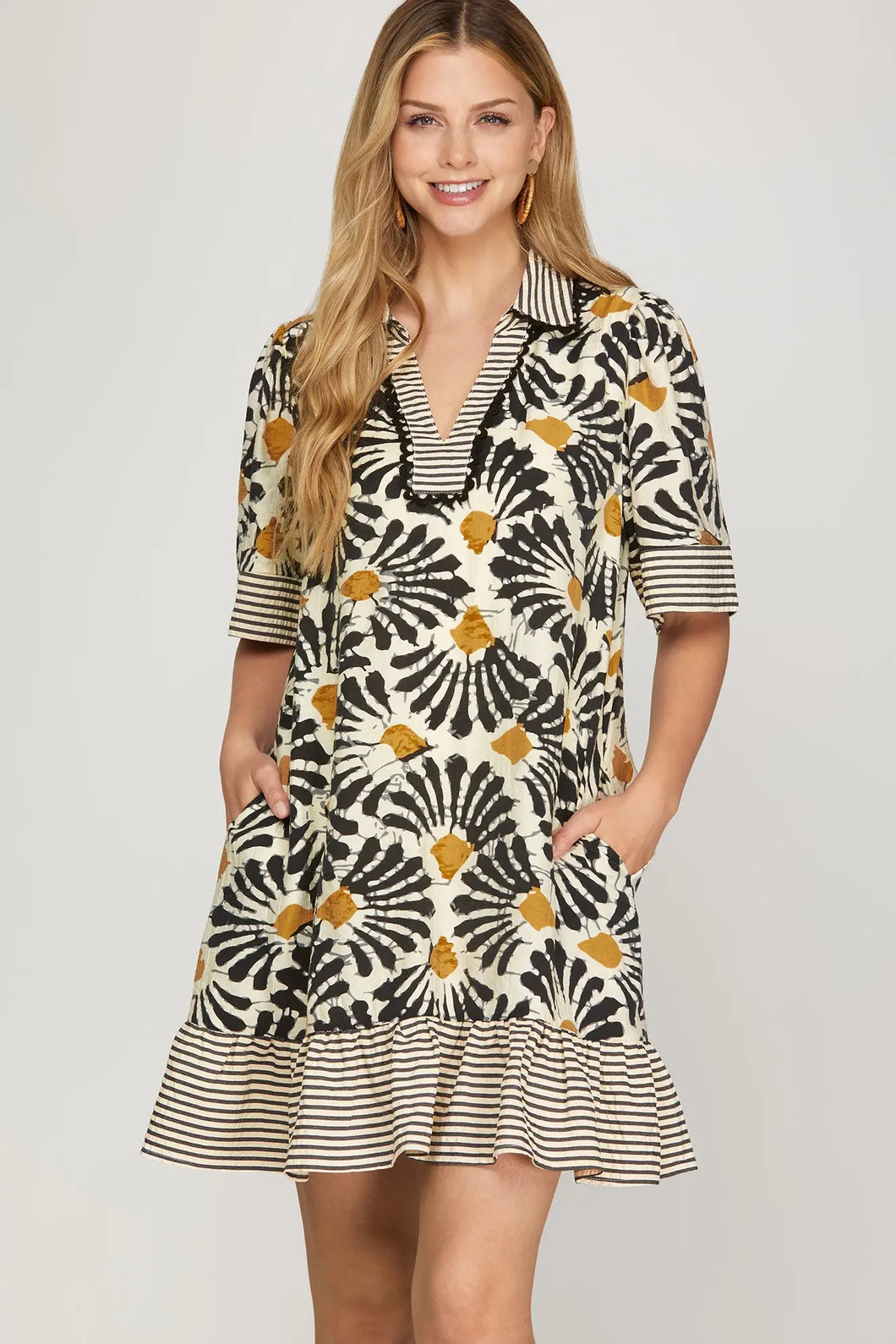 Delayla - HALF SLEEVE WOVEN PRINT COLLARED V NECK DRESS
