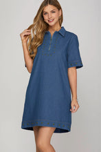 Load image into Gallery viewer, Kelly- SHORT SLEEVE 1/2 ZIP STUDED DENIM MINI DRESS
