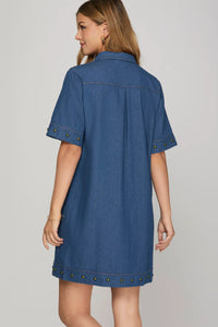 Kelly- SHORT SLEEVE 1/2 ZIP STUDED DENIM MINI DRESS