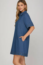 Load image into Gallery viewer, Kelly- SHORT SLEEVE 1/2 ZIP STUDED DENIM MINI DRESS
