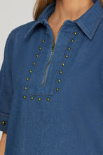Load image into Gallery viewer, Kelly- SHORT SLEEVE 1/2 ZIP STUDED DENIM MINI DRESS
