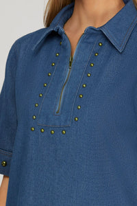 Kelly- SHORT SLEEVE 1/2 ZIP STUDED DENIM MINI DRESS