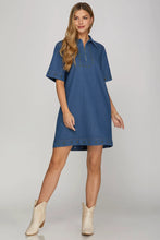 Load image into Gallery viewer, Kelly- SHORT SLEEVE 1/2 ZIP STUDED DENIM MINI DRESS
