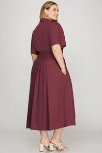 Plus Zanine- Plum SHORT SLEEVE SMOCKED WAIST FRONT ZIP MIDI DRESS