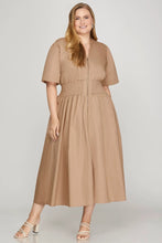 Load image into Gallery viewer, Plus Zanine- Taupe SHORT SLEEVE SMOCKED WAIST FRONT ZIP MIDI DRESS
