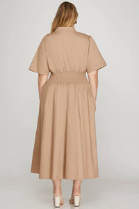 Plus Zanine- Taupe SHORT SLEEVE SMOCKED WAIST FRONT ZIP MIDI DRESS