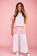 Summer Day- Pink polka dot two piece wide leg cropped pants set