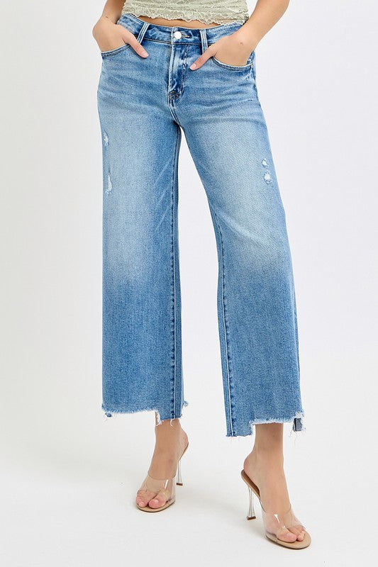 RISEN JEANS- High Rise Medium wash distressed wide leg jeans