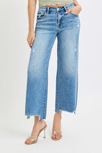 Load image into Gallery viewer, RISEN JEANS- High Rise Medium wash distressed wide leg jeans
